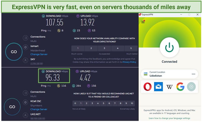 A screenshot of a speed test with ExpressVPN