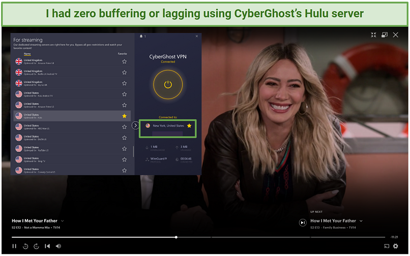Screenshot of CyberGhost's optimized streaming server working to unblock Hulu with US IP