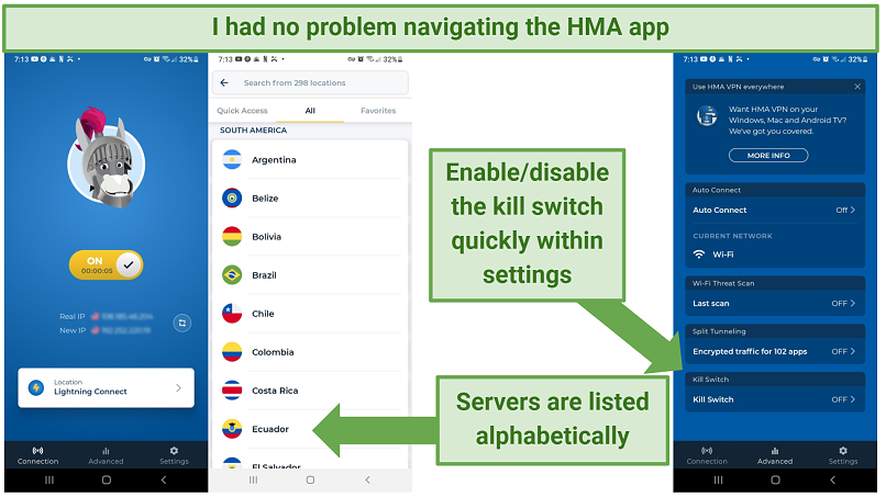 HMA's app displaying its Ecuador server in the list, as well as its customizable security features such as the kill switch