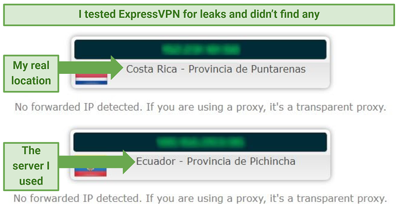 Leak test results showing the IP address successfully changed to Ecuador, using ExpressVPN