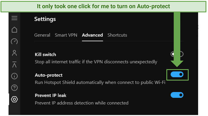 Hotspot Shield's app displaying how to enable/disable its auto-connect feature