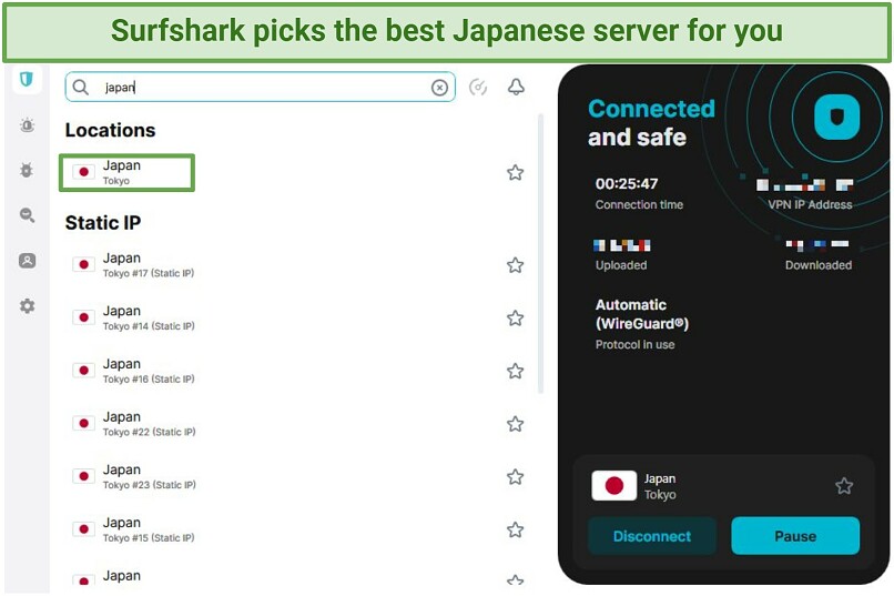 Surfshark's Windows interface showing static IPs in Japan