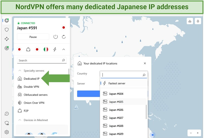 NordVPN's Windows interface showing dedicated IP addresses in Japan