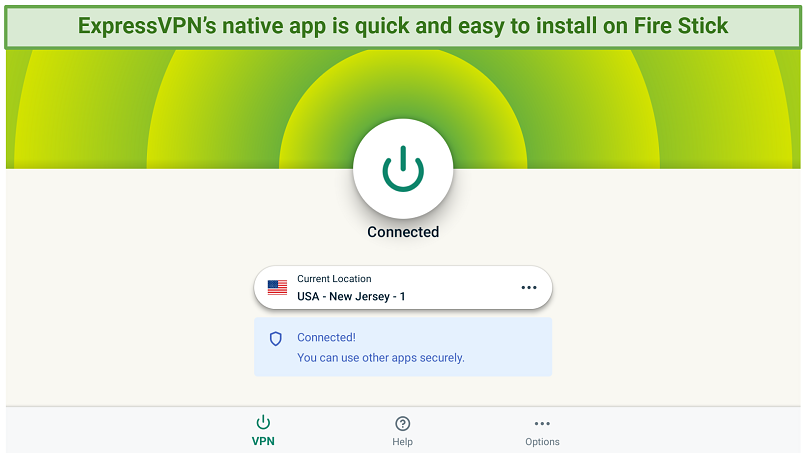 Screenshot showing the ExpressVPN home screen on the native Fire app