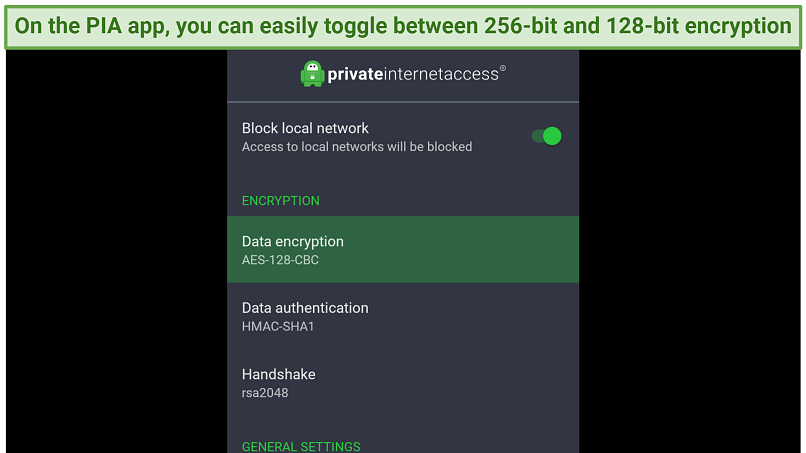 Screenshot showing how to switch encryption on PIA's native Fire app