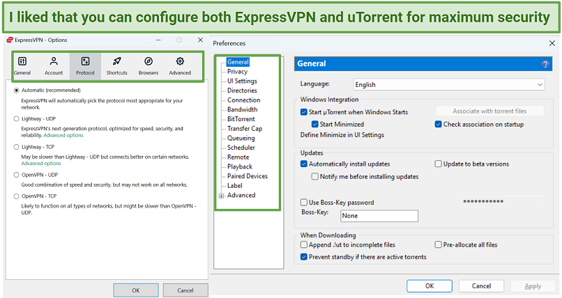 Ένα στιγμιότυπο οθόνης που δείχνει τόσο τις επιλογές διαμόρφωσης ExpressVPN όσο και utorrent