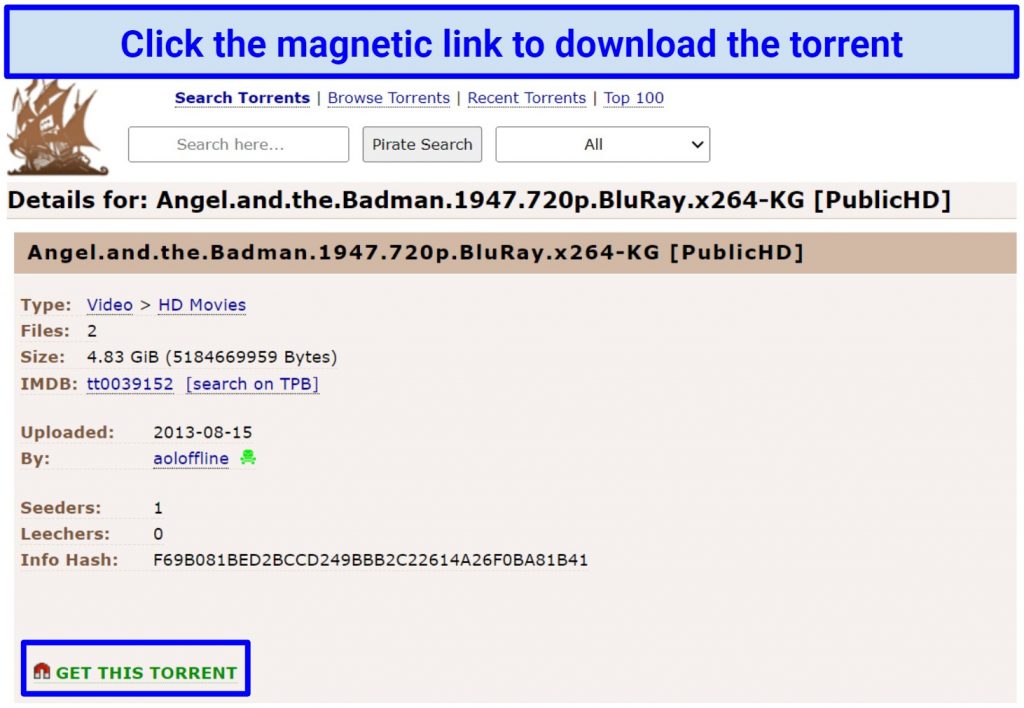 A snapshot showing how to download a torrent using uTorrent's magnetic link