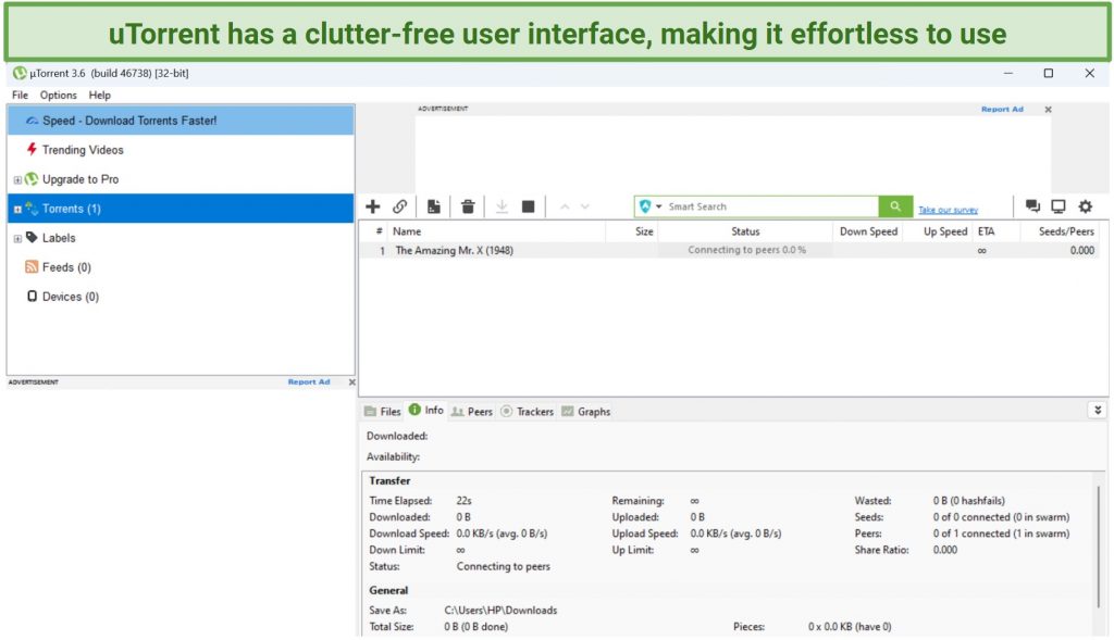 A screenshot of uTorrent clutter-free use-interface