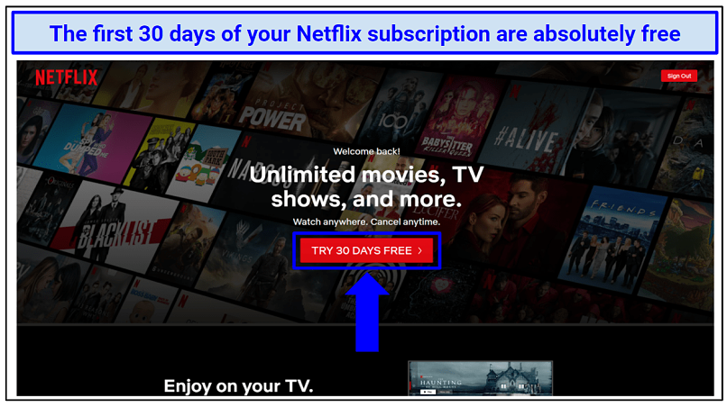 Screenshot showing the free trial button on Netflix homepage.