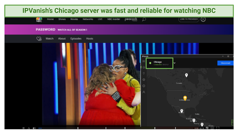 Screenshot of IPVanish connected to a US server while streaming NBC