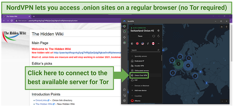 Screenshot showing a Chrome browser window accessing a dark webonion site with NordVPN's Onion Over VPN server