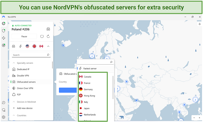 Screenshot showing NordVPN's easy-to-use interface and list of specialized servers