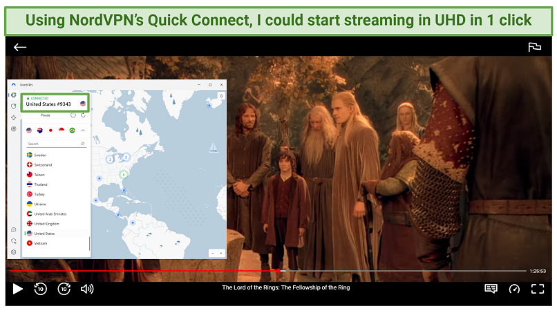 NORDVPN의 스크린 샷은 미국 서버에 연결되었습니다. 그 뒤에는 Netflix 재생의 스크린 샷이 있습니다