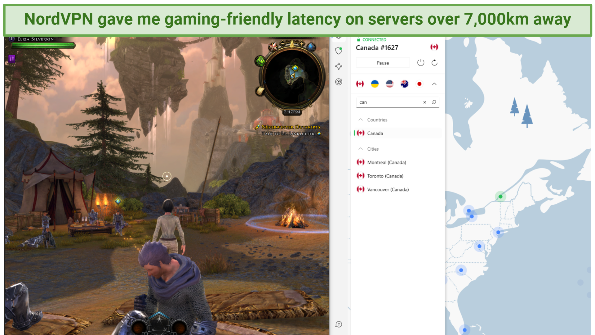 Screenshot showing NordVPN connected to a server in Canada while playing an online game