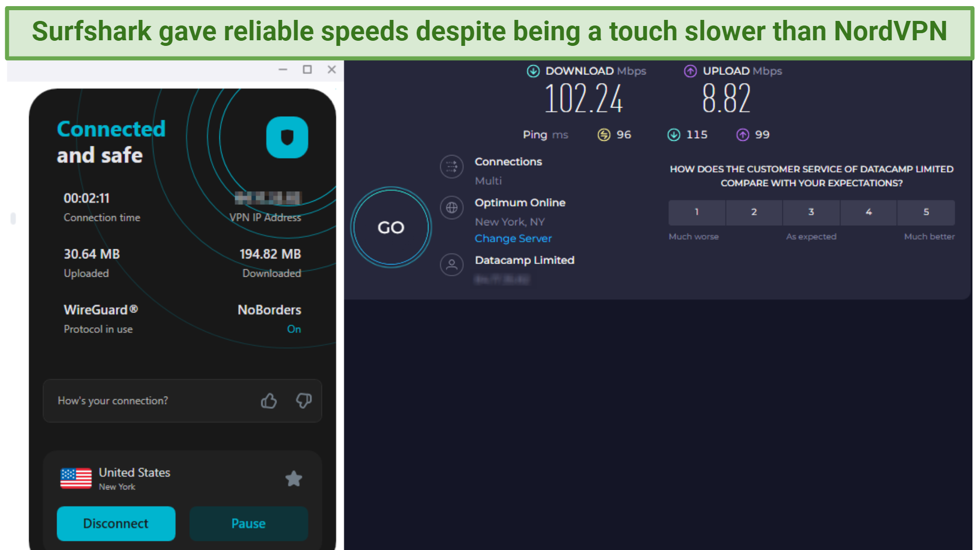 Screenshot showing Surfshark connected to a US server over an online speed test