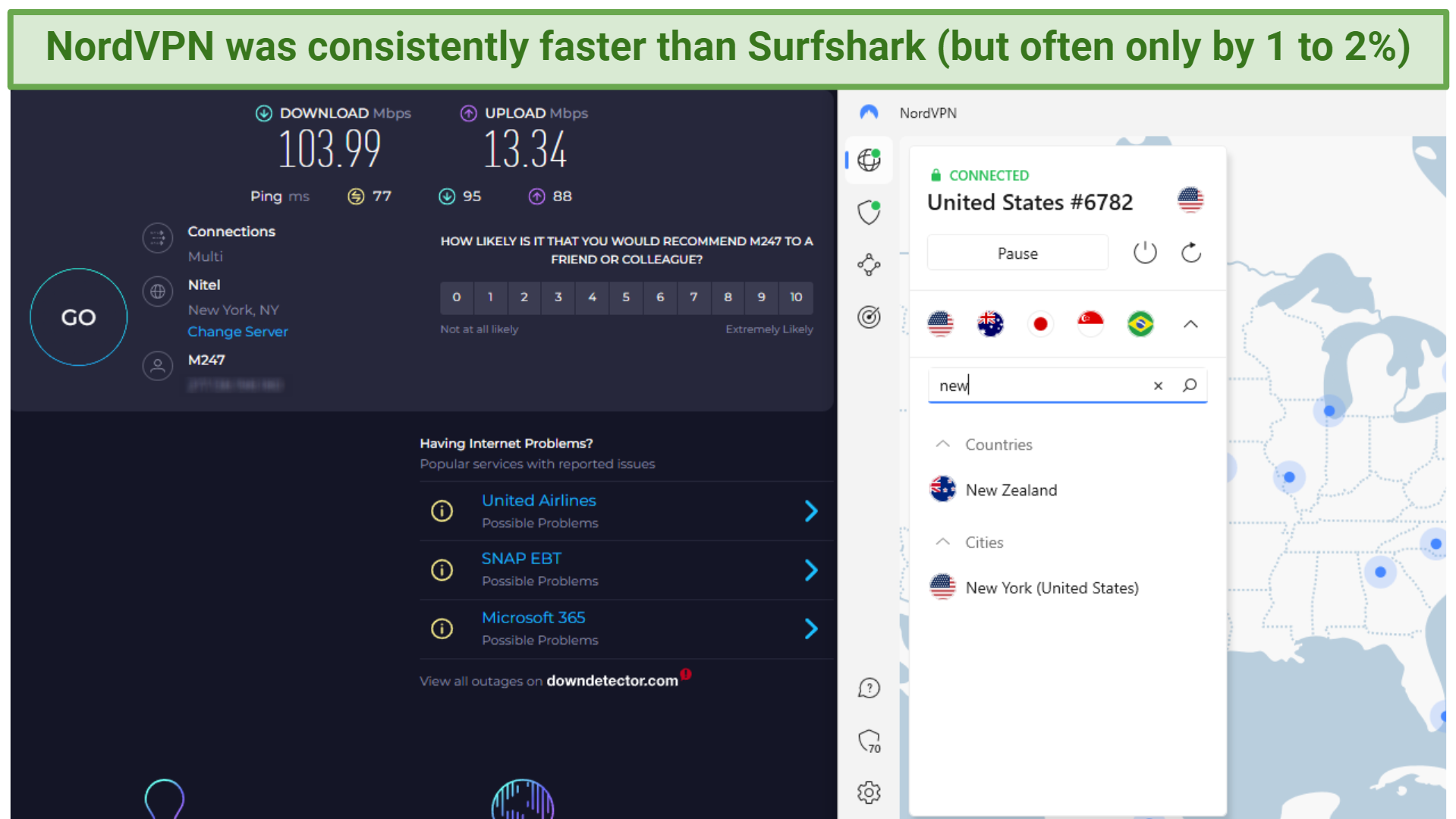 Screenshot showing NordVPN connected to a US server over an online speed test