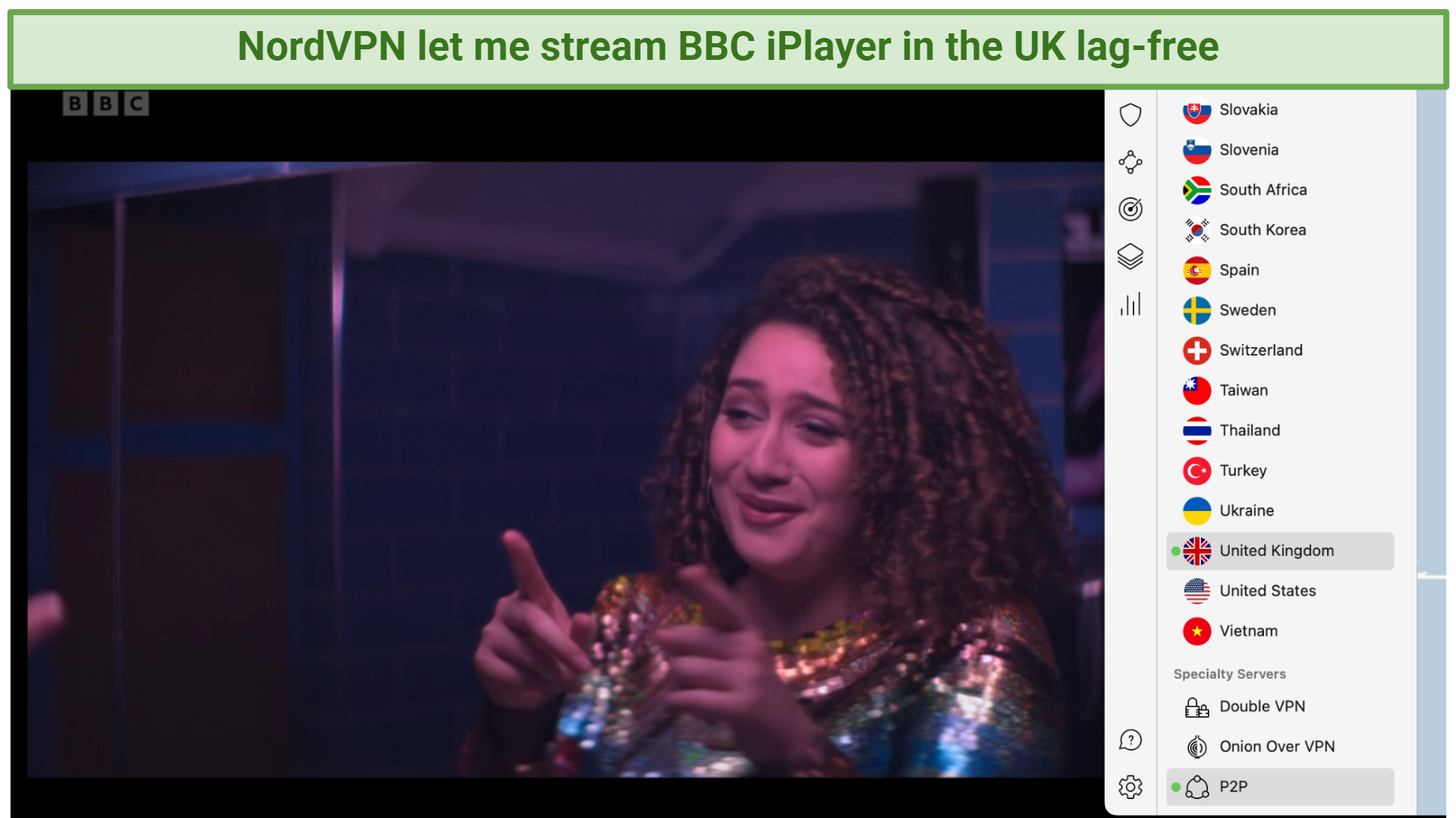 Screenshot showing NordVPN connected to a UK server over a browser window streaming BBC iPlayer