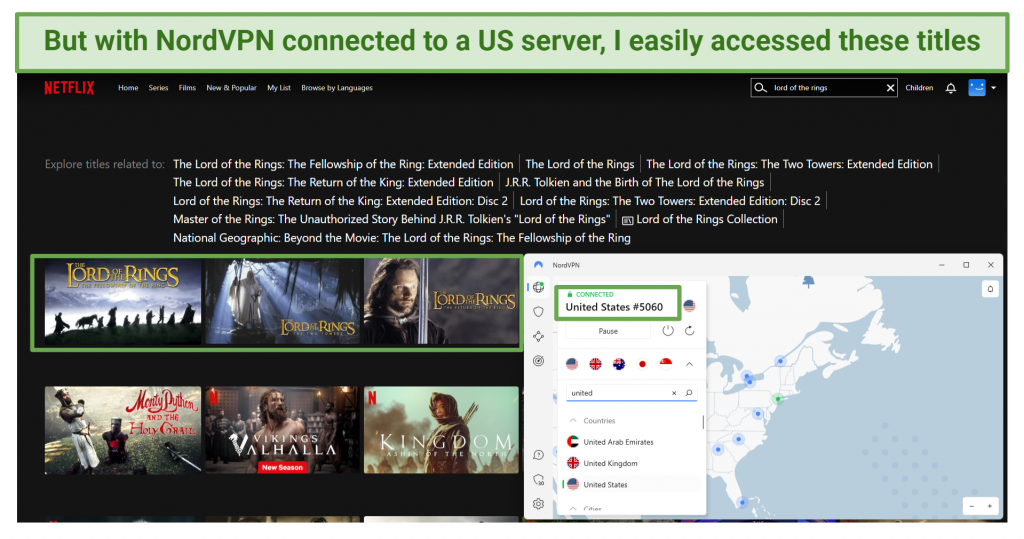 NORDVPN의 스크린 샷은 미국 서버에 연결되었습니다. 그 뒤에는 Netflix 검색 페이지의 스크린 샷이 있습니다. 검색 용어 인 'Lord of the Rings'는 이제 미국 라이브러리에서 3 개의 결과를 가지고 있음을 확인합니다