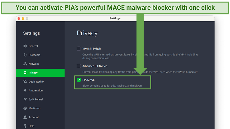 Screenshot showing how to activate MACE on the PIA Settings panel