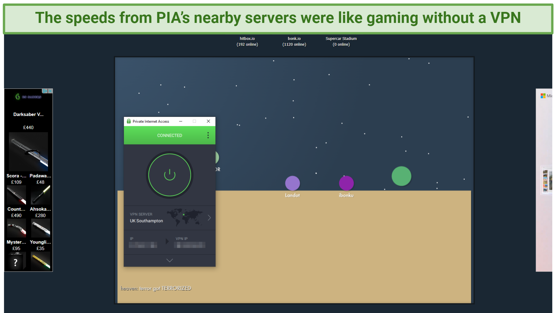 Screenshot showing the PIA app connected to a UK server over a browser playing bonkio