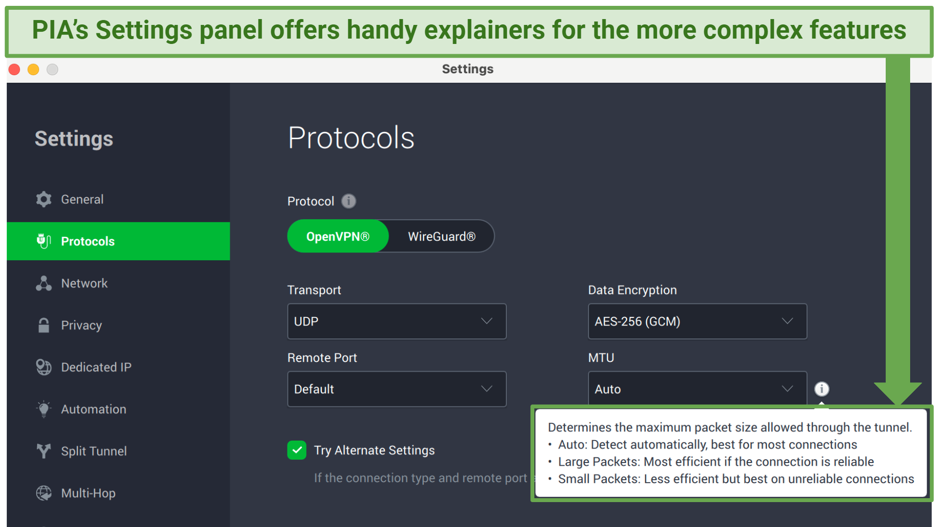 Screenshot showing the PIA Settings menu with handy explainers for complex features