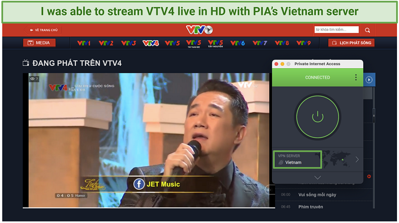 A screenshot of a live JET Music performance playing on VTV4 while connected to PIA's Vietnam server