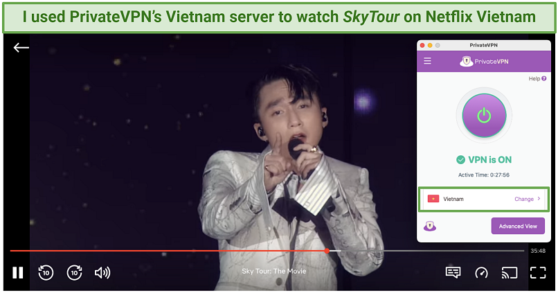 A screenshot of SkyTour: The Movie playing on Netflix Vietnam while connected to PrivateVPN's Vietnam server