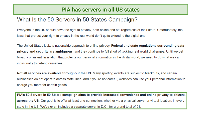 A screenshot of PIA's website where it talks about the 50 servers in 50 US states campaign