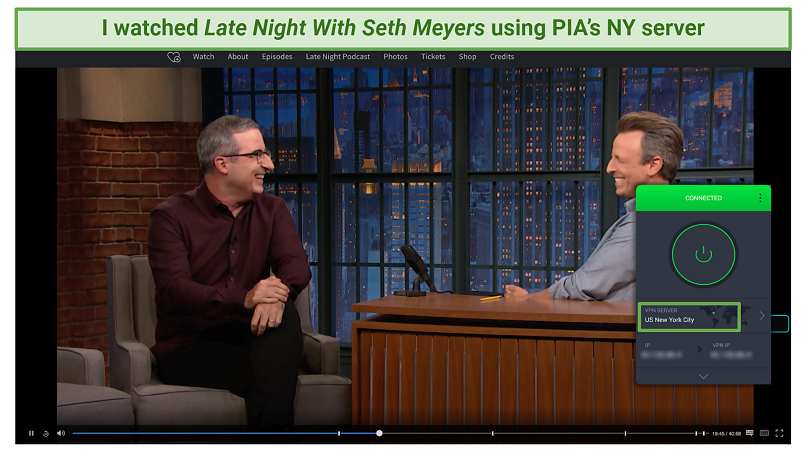 Screenshot of PIA's app connected to a US server while streaming NBC