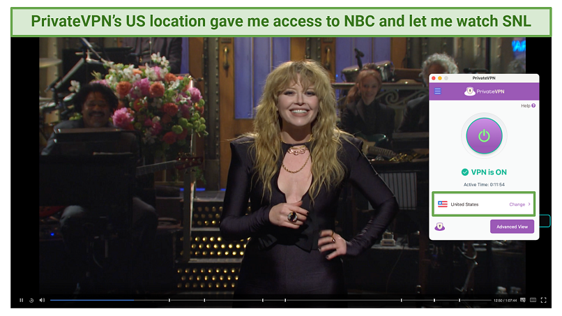 A screenshot of PrivateVPN connected to a US server while watching NBC