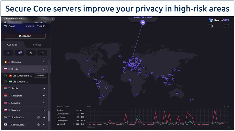 A screenshot showing Proton VPN's Secure Core feature and servers