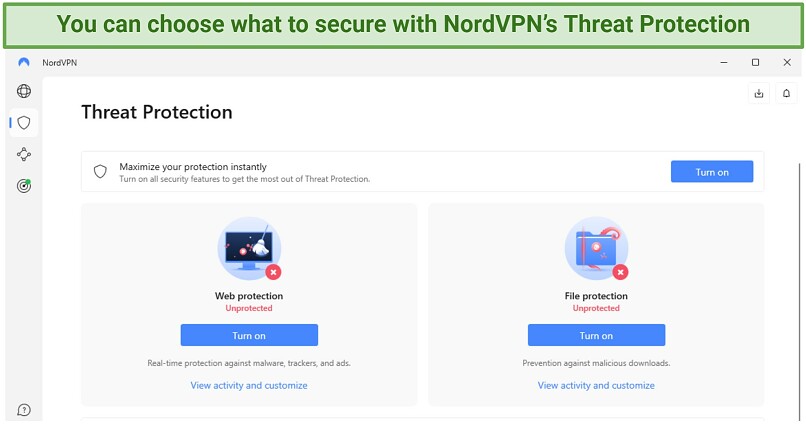 a screenshot of NordVPN app, with Threat Protection options shown