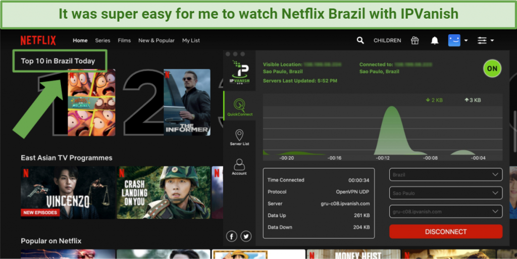 Screenshot showing Netflix Brazil being accessed while connected to the IPVanish app in Sao Paulo
