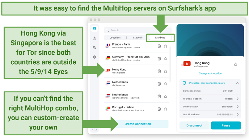 Image showing the Surfshark app with MultiHop double-VPN servers