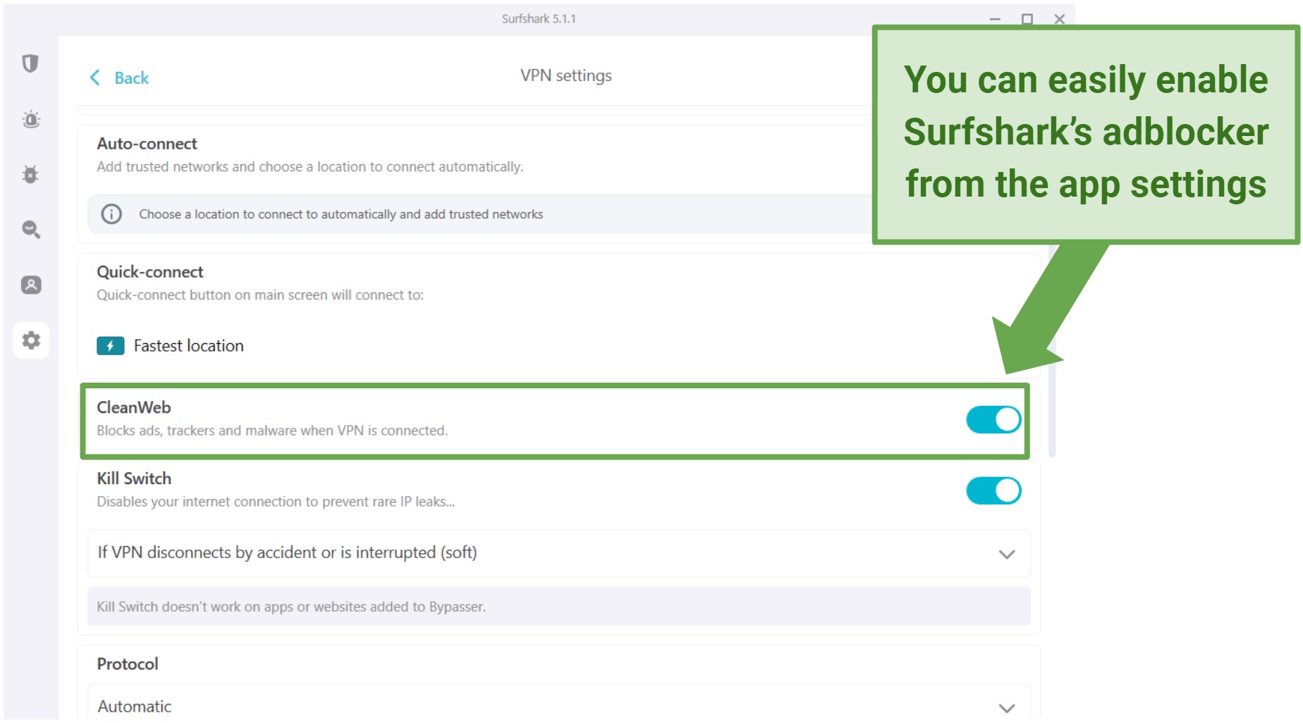 Screenshot of how to enable CleanWeb on Surfshark