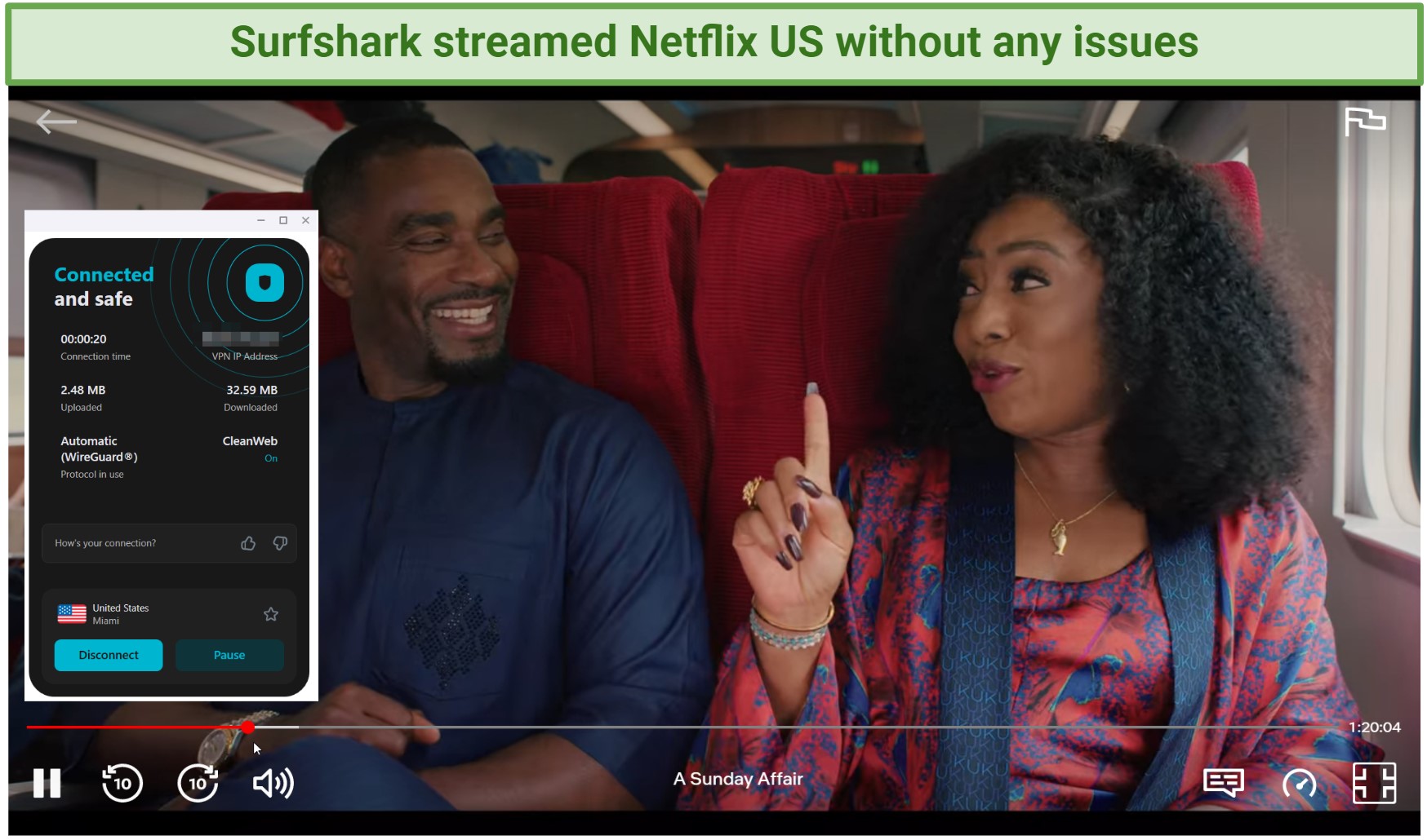 screenshot of A Sunday Affair streaming on Netflix US with Surfshark connected