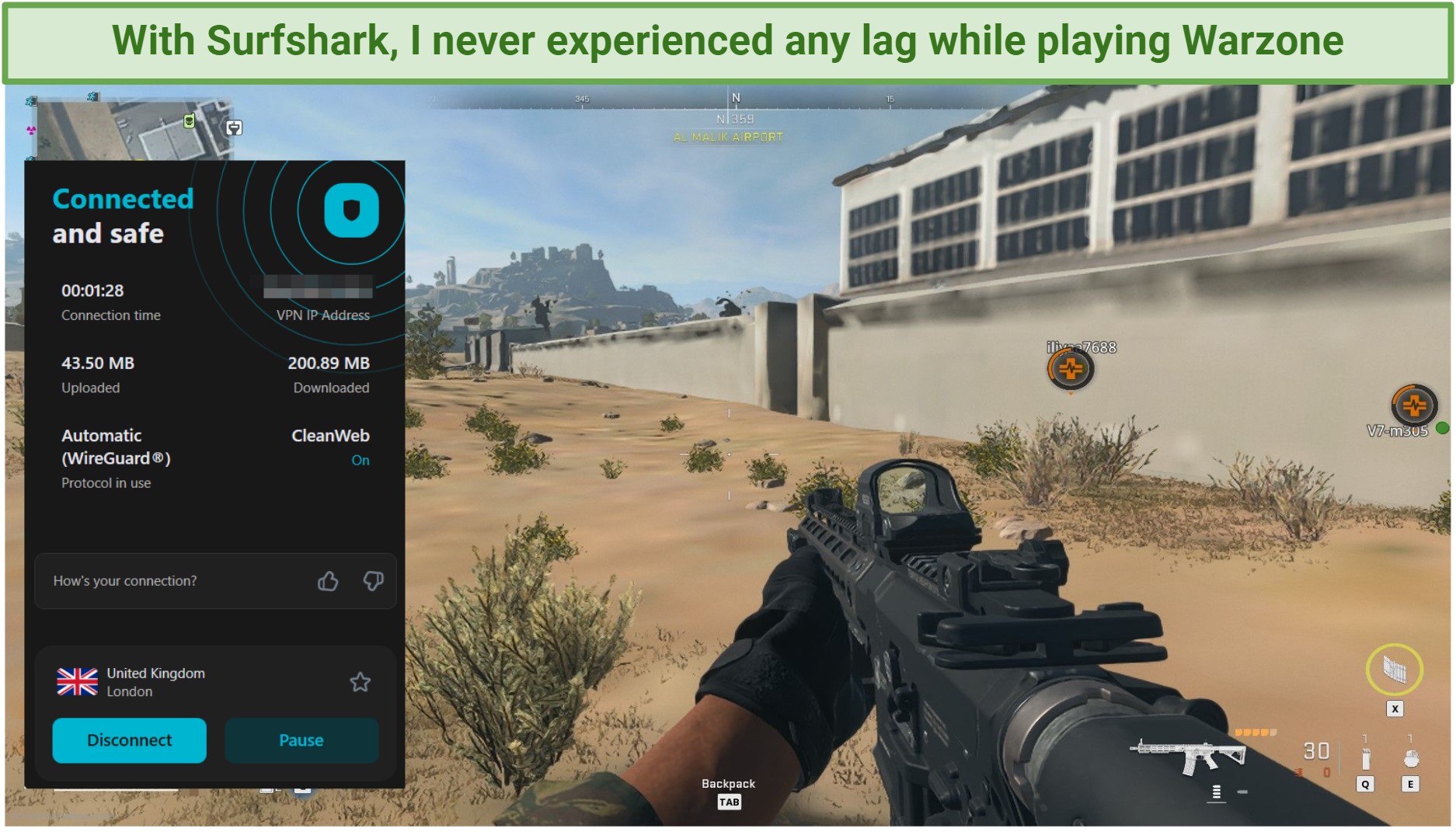 Screenshot of Warzone gameplay with Surfshark connected
