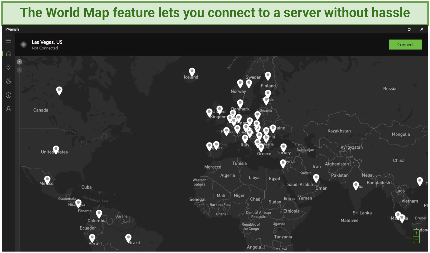 screenshot of IPVanish's World Map interface