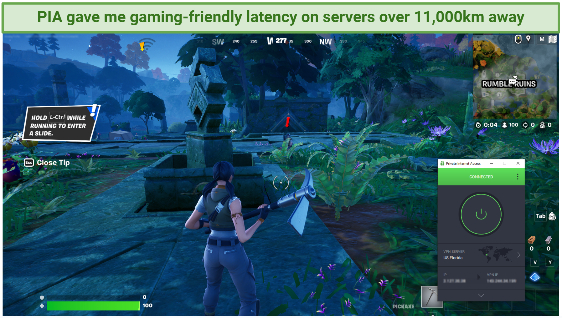 Screenshot of the PIA app connected to a server in Florida over a game of Fortnite