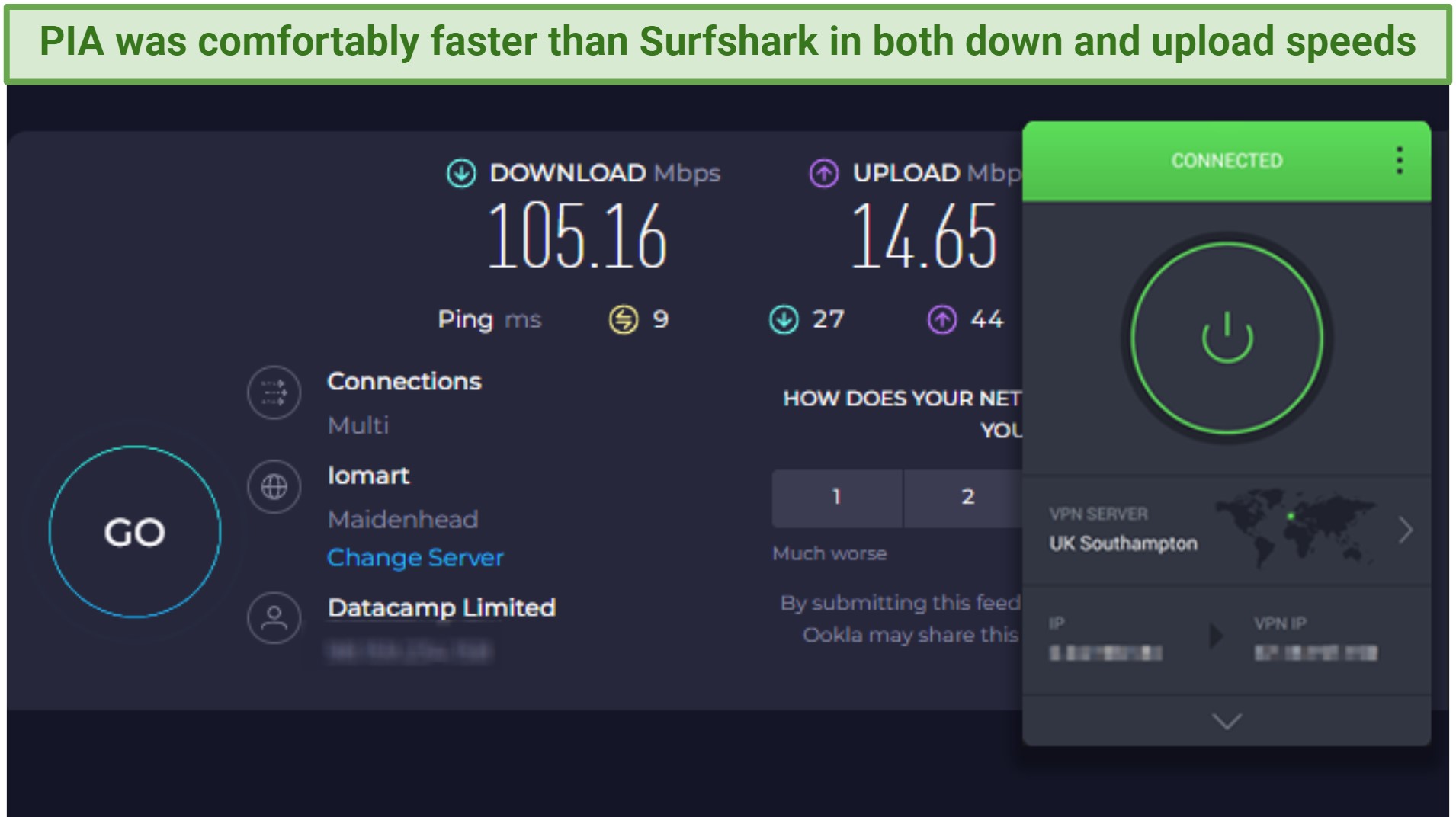 Screenshot of the PIA app connected to a server in the UK over an online speed test