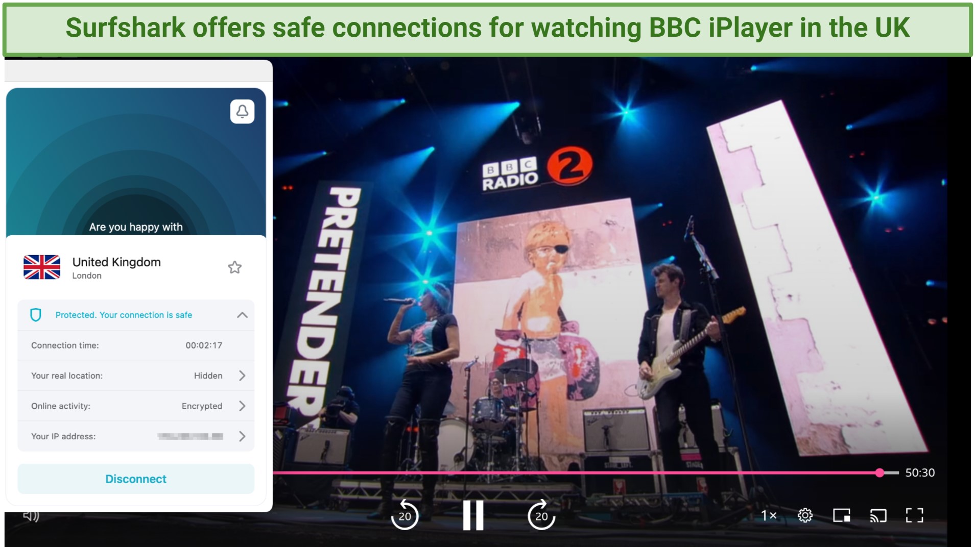 Screenshot of the Surfshark app connected to a server in the UK and streaming BBC iPlayer