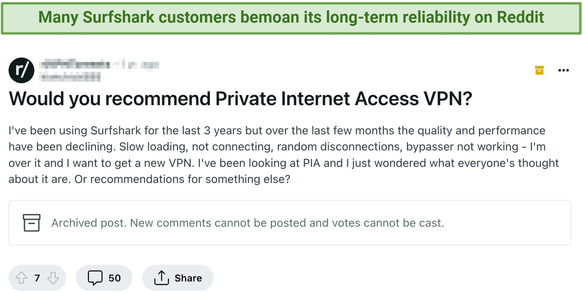 Screenshot of a Reddit post bemoaning the long-term reliability of Surfshark