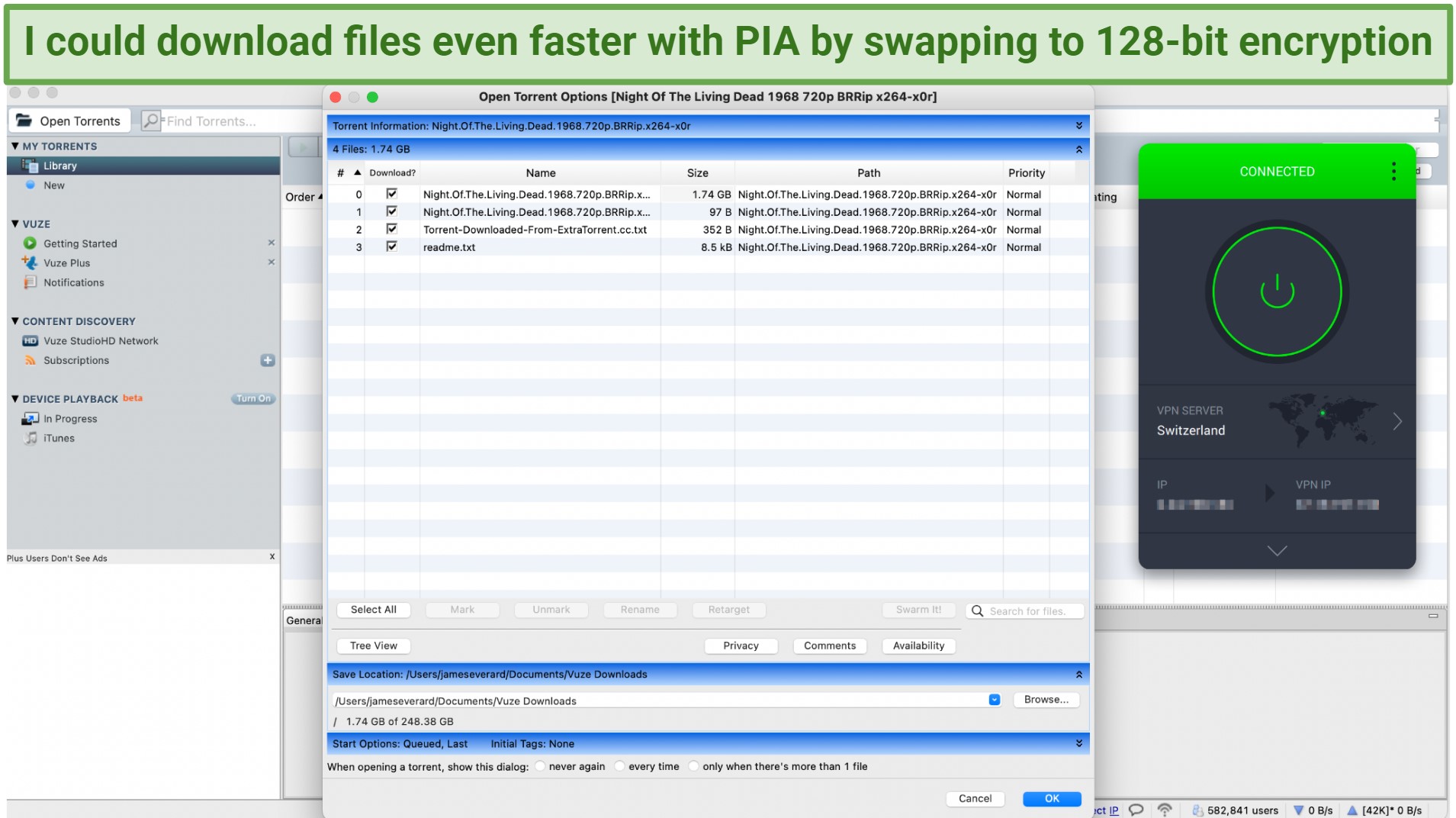 Screenshot of the PIA app over a torrent download client