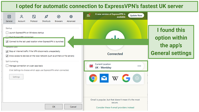 ExpressVPN's Windows app, indicating the option in settings to automatically connect to the last server that was used