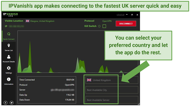 IPVanish's Windows app with indication of where to select the best server and city available in a country