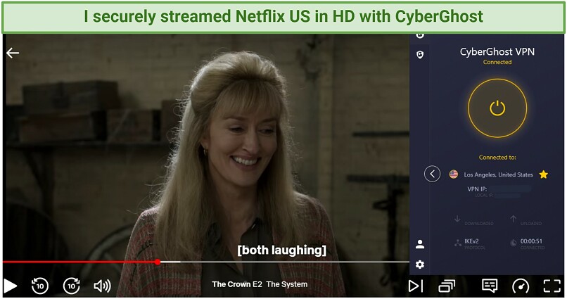 a screenshot of a show on netflix, with CyberGhost connected to a Los Angeles server