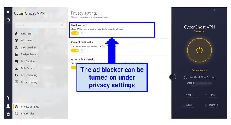 Graphic showing CyberGhost ad blocker
