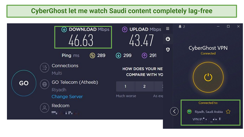 A screenshot of CyberGhost's speed test results