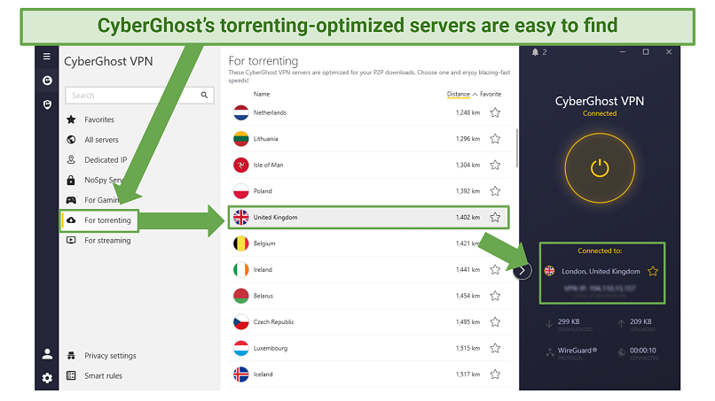 Screenshot of CyberGhost's in-app list of torrenting servers