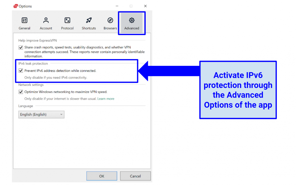 Screenshot di Abilitazione Expressvpn IPv6 e DNS Leak Protection